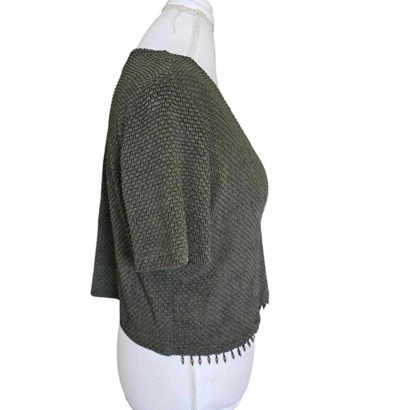 Vintage 90s Womens Dark Green Short Sleeve Cardigan Textured Beaded Semi Cropped - Picture 3 of 9